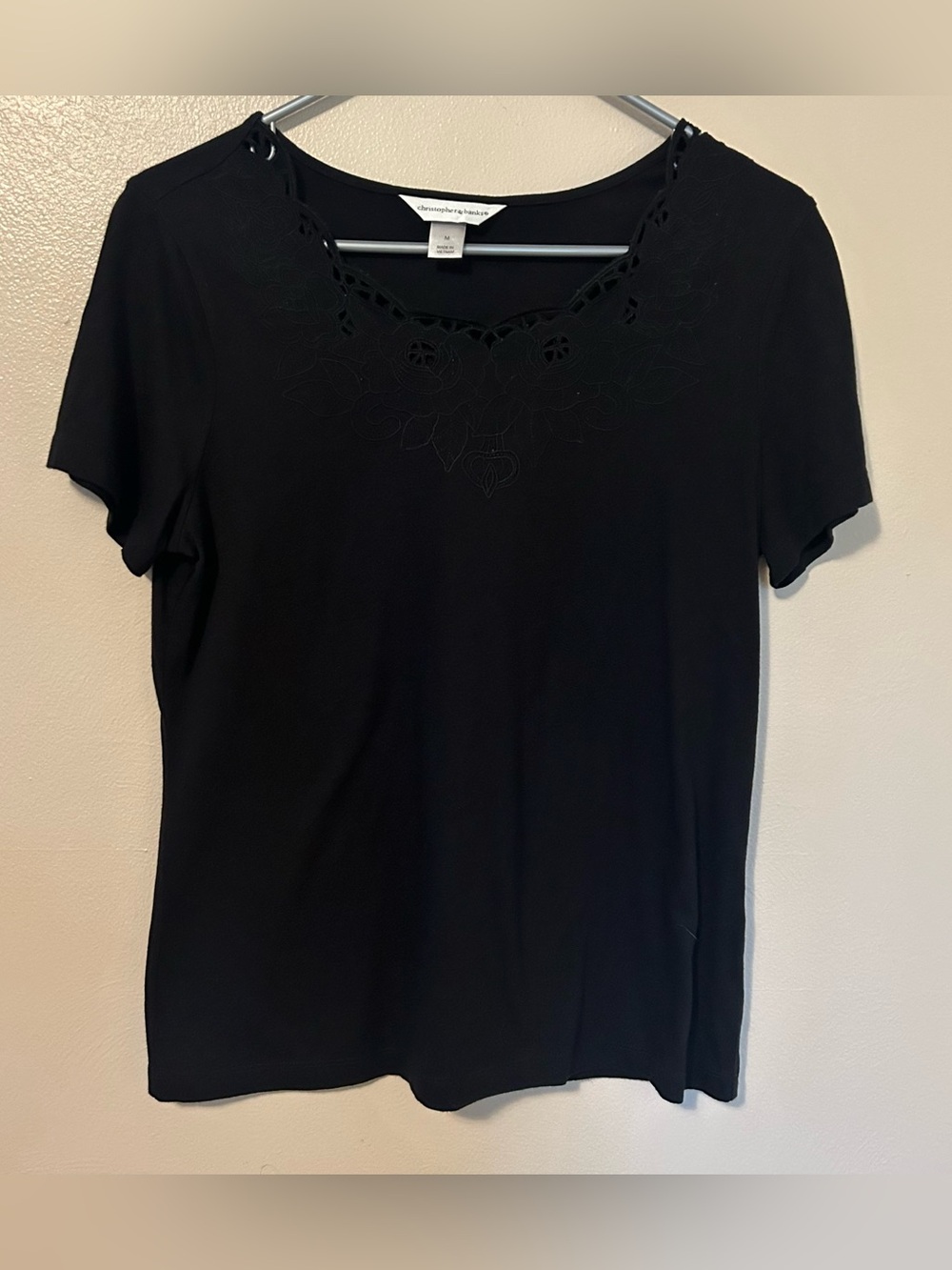 Christopher & Banks Black Short Sleeve Top with Cutout Floral Neckline